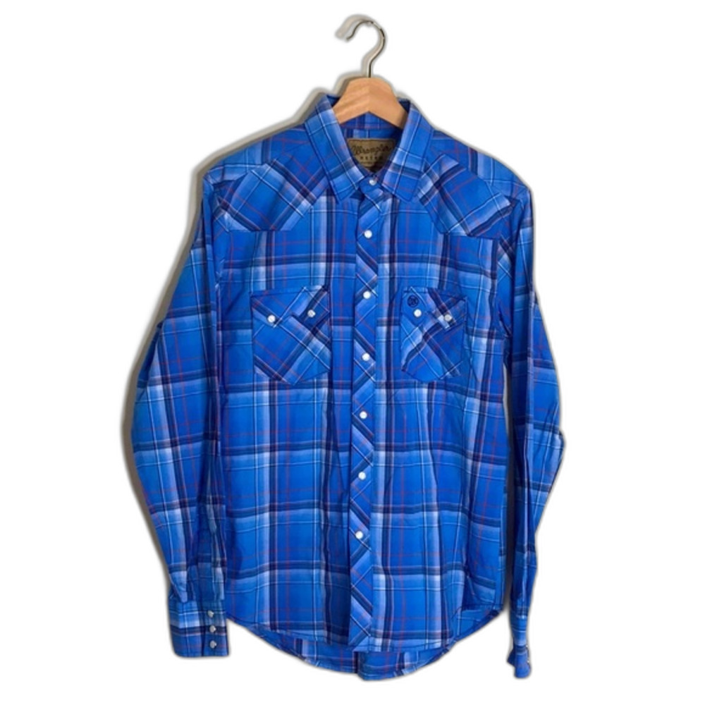 Wrangler retro western mens blue plaid long sleeve pearl snap button rpdshirt M